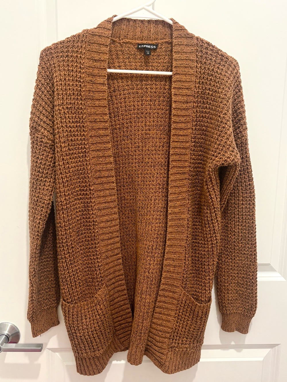Express Chunky Knit Open Front Cardigan Brown Medium Cozy Pockets